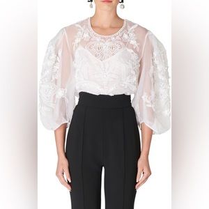 NWT $1890 Carolina Herrera Embroidered Puff Sleeve Silk Organza Blouse, White, 4